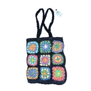 Rubi Straw Braided Tote Bag with Crocheted Floral Patches